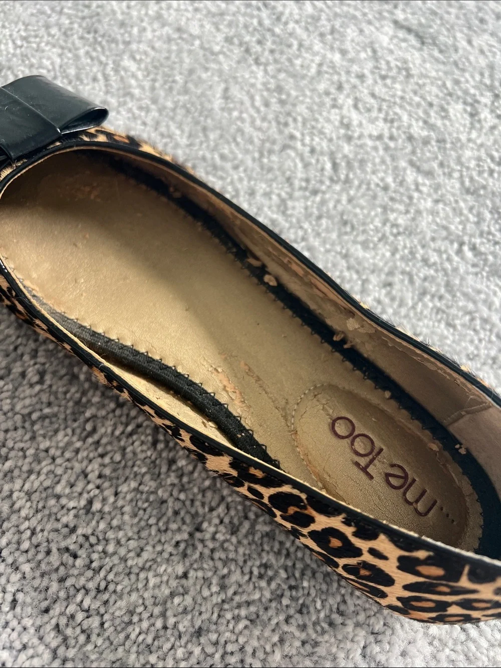 me too Leopard-Print Pointed Flats with Black Patent Bow